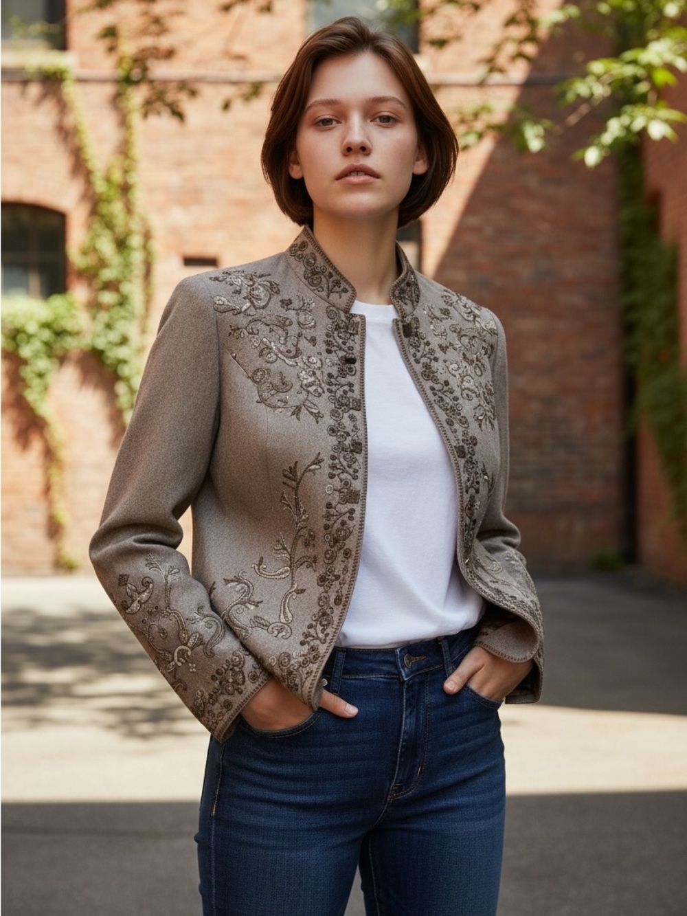Nygard Women’s Wool blend Embroidered Blazer Brown Size 10